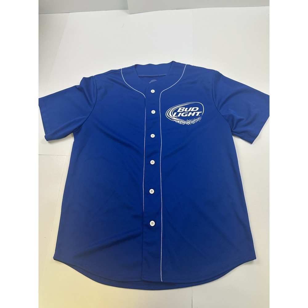 Bud Light Blue Baseball Jersey Mens Medium Graphic Short Sleeve